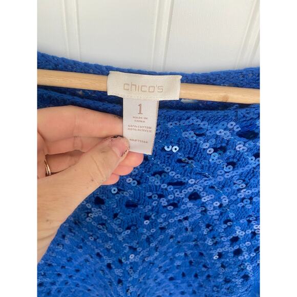 Chicos Sweater Women's Sz 1, Blue 3/4 Sleeve Kinetic Open Knit Sasha Sequins - Picture 4 of 5